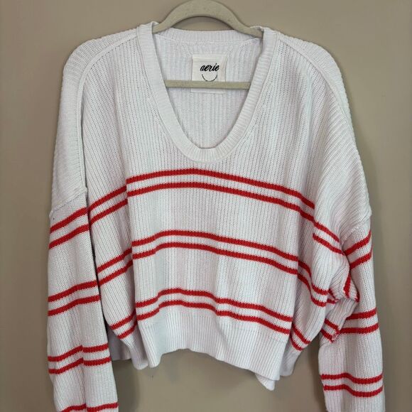 Aerie White Ribbed with Red Striped U Neck Pullover Sweater Size Medium - Picture 3 of 7